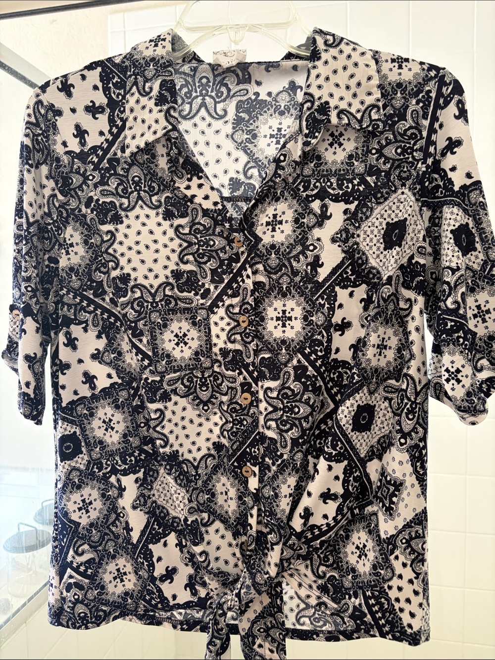 Black & White Bandana Print Tie-Front Button-Up Top